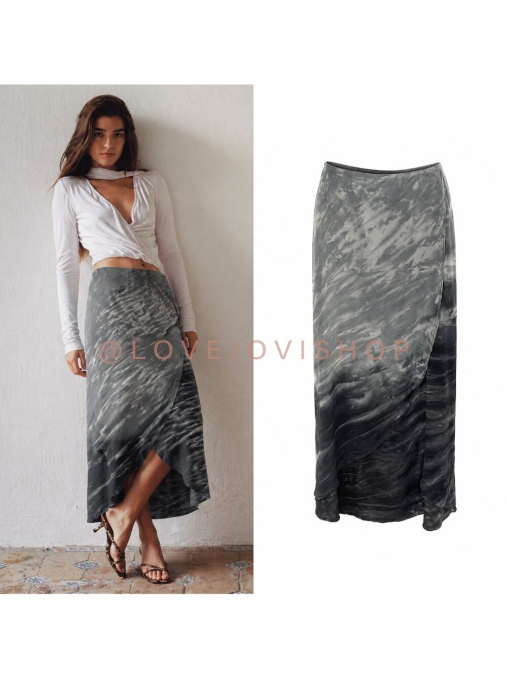 Skirt | Cynthia Rowley Silk Wrap Maxi Skirt in Tie Dye Grey Blue Smokey Print L